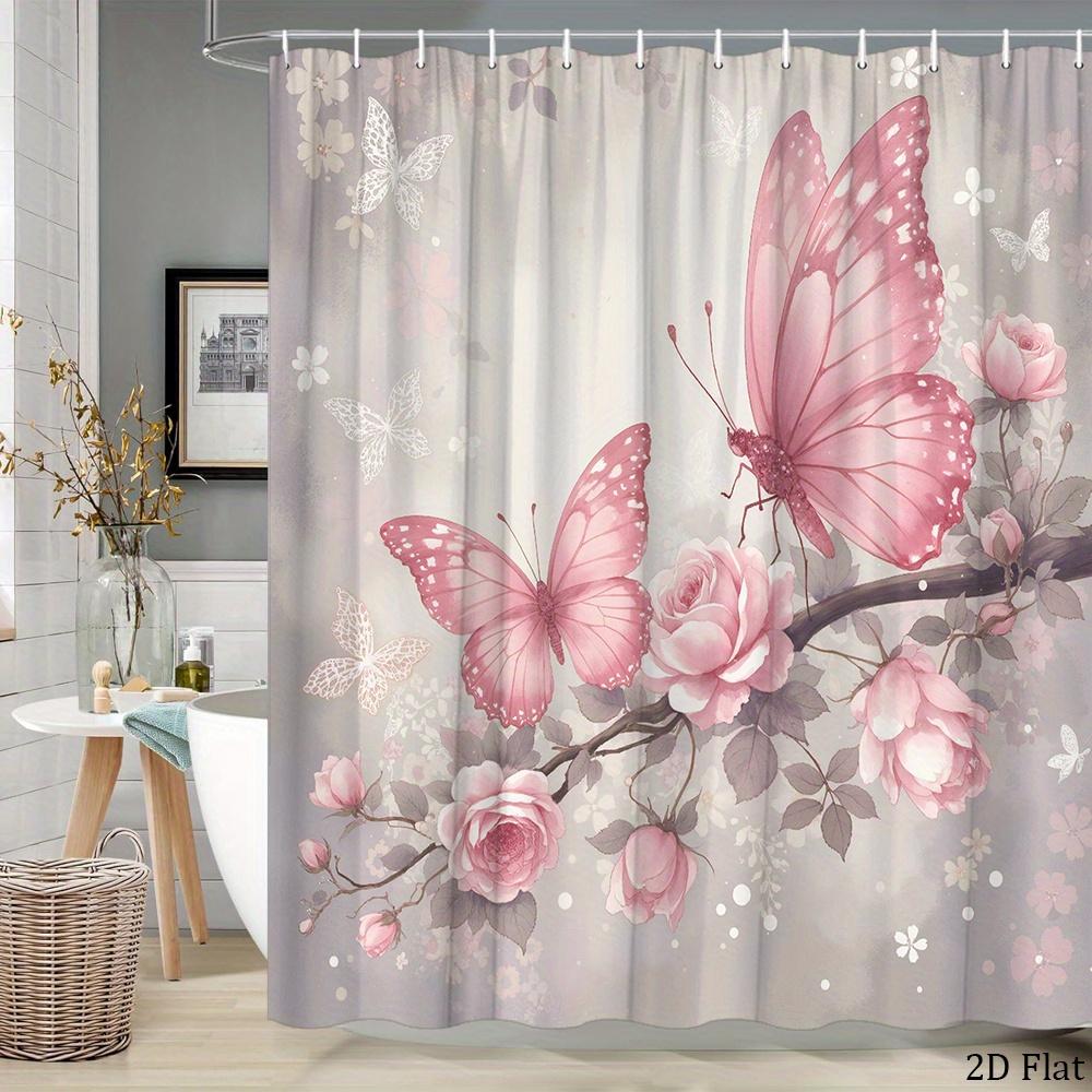 Pink Butterfly Rose Flower Shower Curtain Machine Washable All Season Waterproof Privacy Protection Romantic Design Elegant
