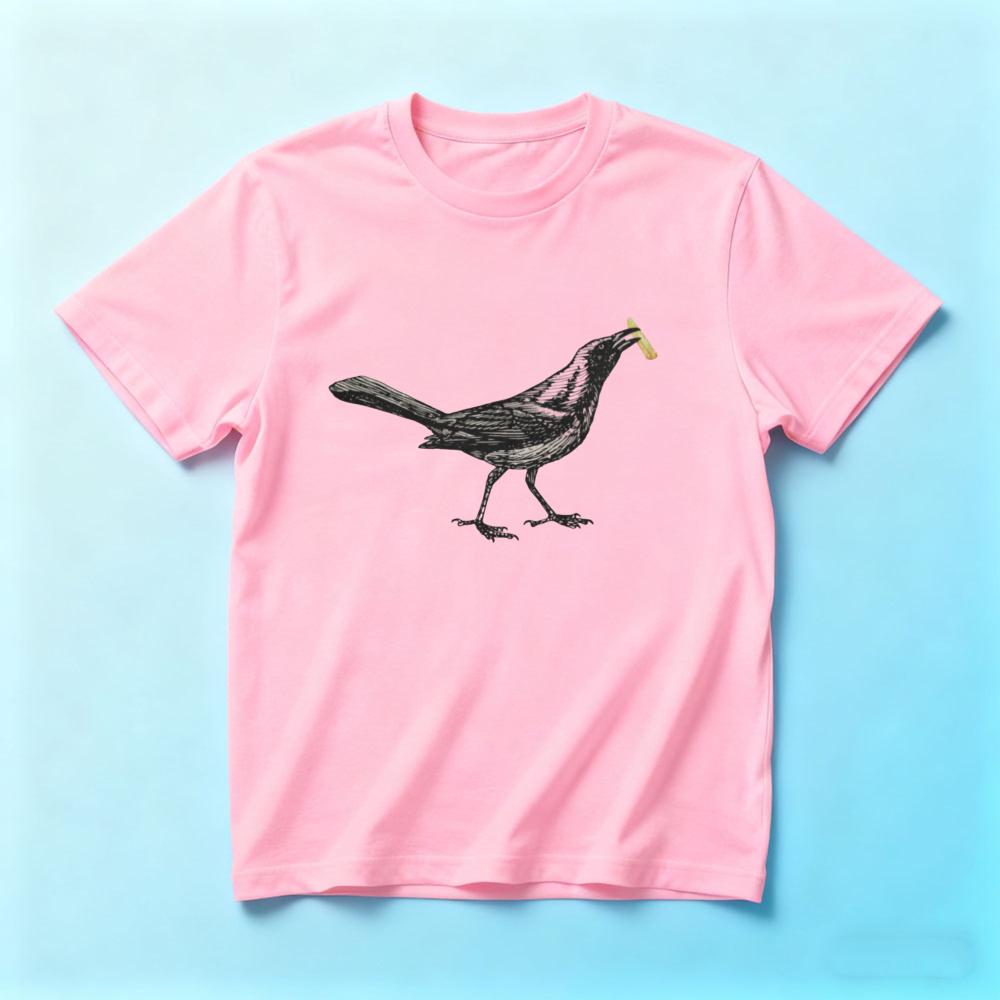Funny Crow With French Fry Graphic Tshirt Unisexs Casual White Vintage Sketch Bird Print Short Sleeve Cotton Tee Quirky Streetwear