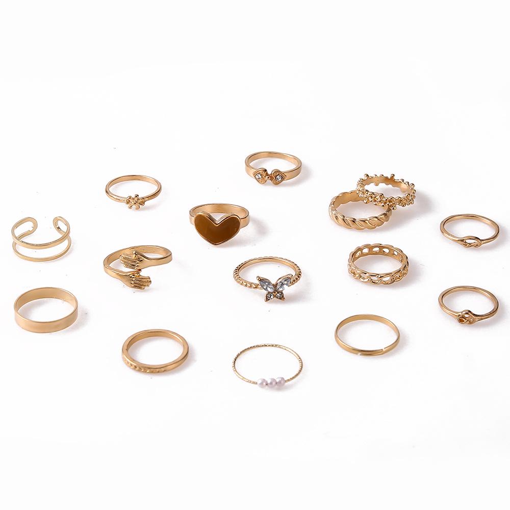 Heart-Shaped Butterfly and Diamond-Accented Braided Ring Set - 15 Pieces