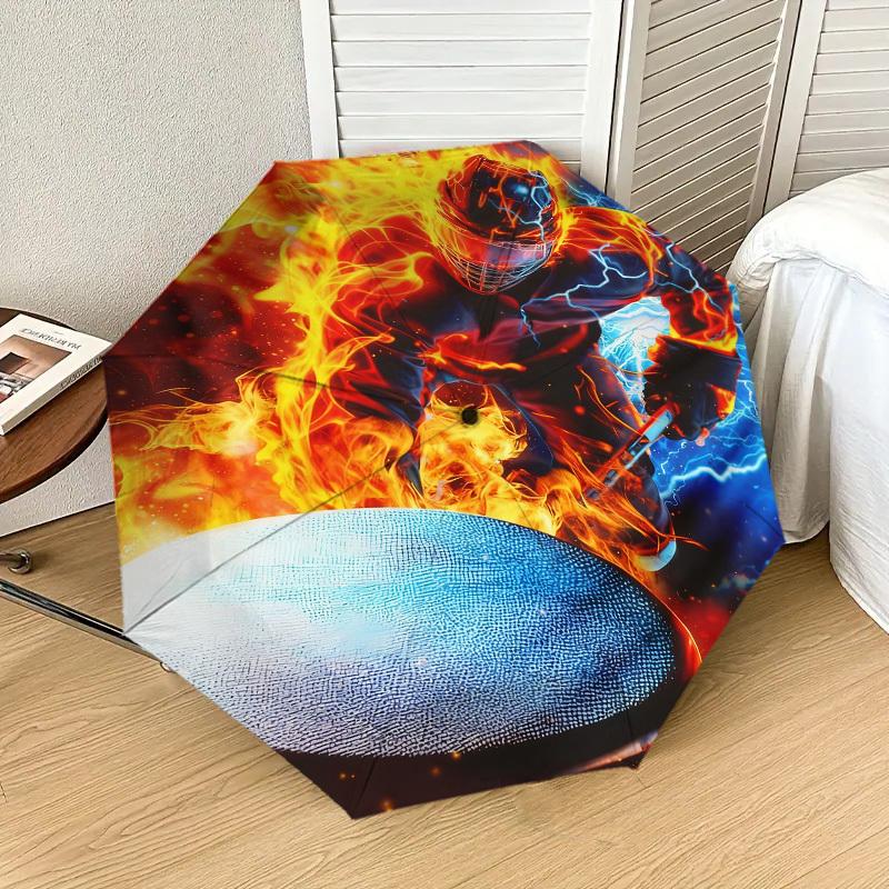 1pc Fire Hockey Pattern Umbrella Design Automatic Opening and Closing Umbrella, High-quality Travel Umbrella, c1128020