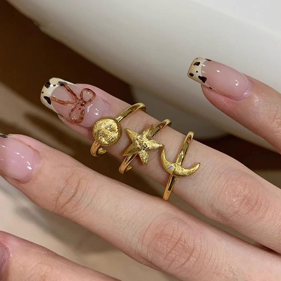Elegant Copper Star Moon Sun Ring For Women Unique Design Adjustable Size Fashion Accessory