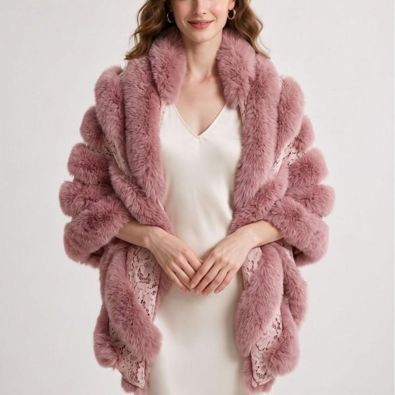 2026 Fall Winter Faux Fox Fur Lace Patchwork Mid-length Shawl Coat Women Trendy