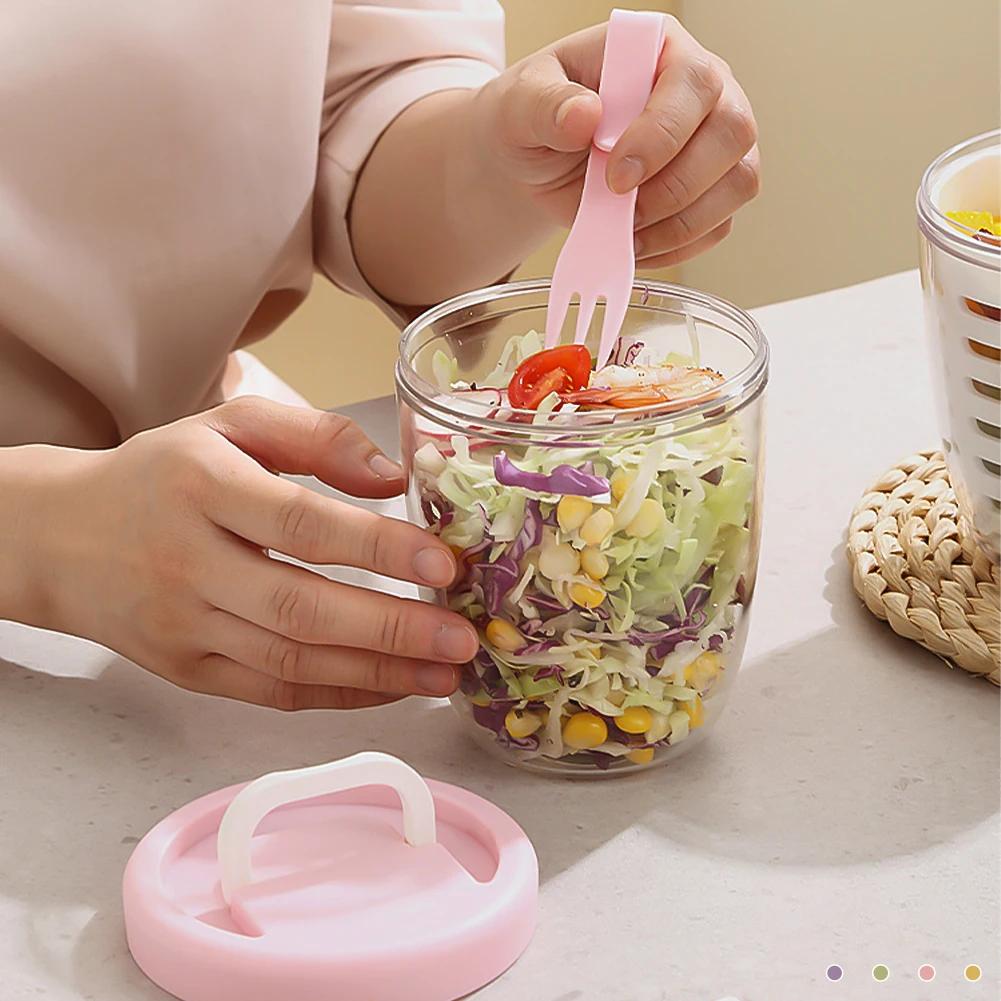 Portable Sealed Picnic Container Large Capacity Poke Salad Box With Fork Plastic Cup For Fruit Veggie Meal
