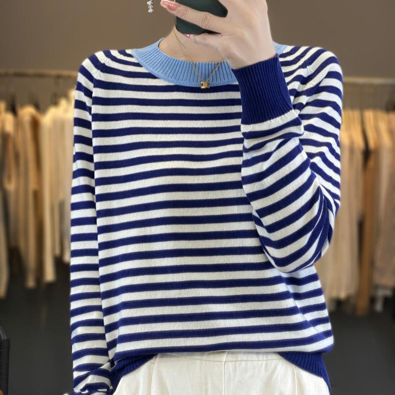 

Женский трикотаж с цветными блоками и круглым вырезом - Повседневный полосатый весенне-осенний дизайн из двух нитей (2025) Large белый/синий