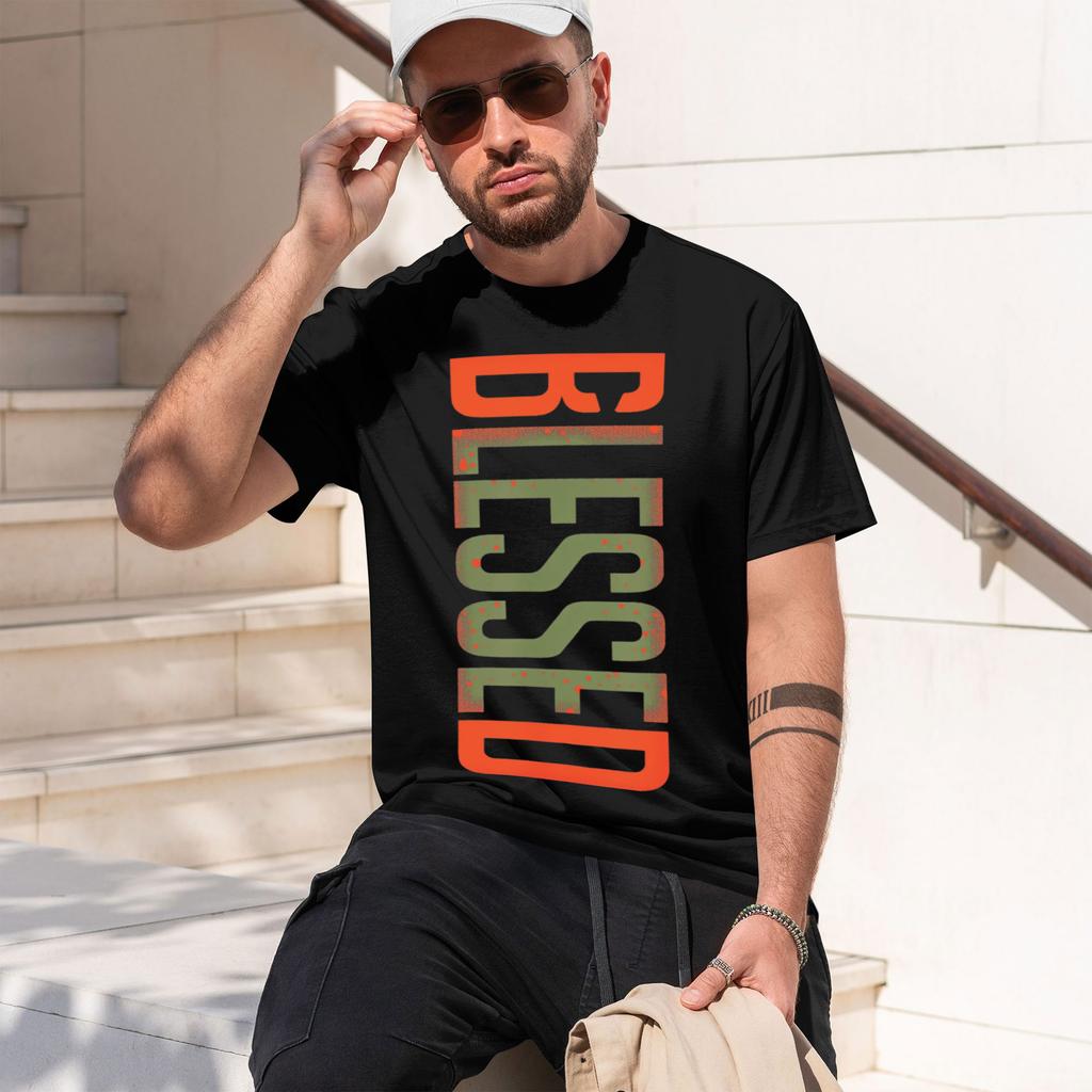 T Shirt for Man 100% Summer BLESSED Print Casual Slim Fit Round Neck Short Sleeved T-shirt Mode