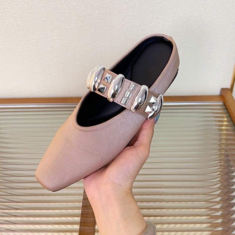 Fashion French Temperament Baotou Rivet Shoes Women's One Foot Metal Buckle Square Toe Half Slippers  Height Increasing Sandals