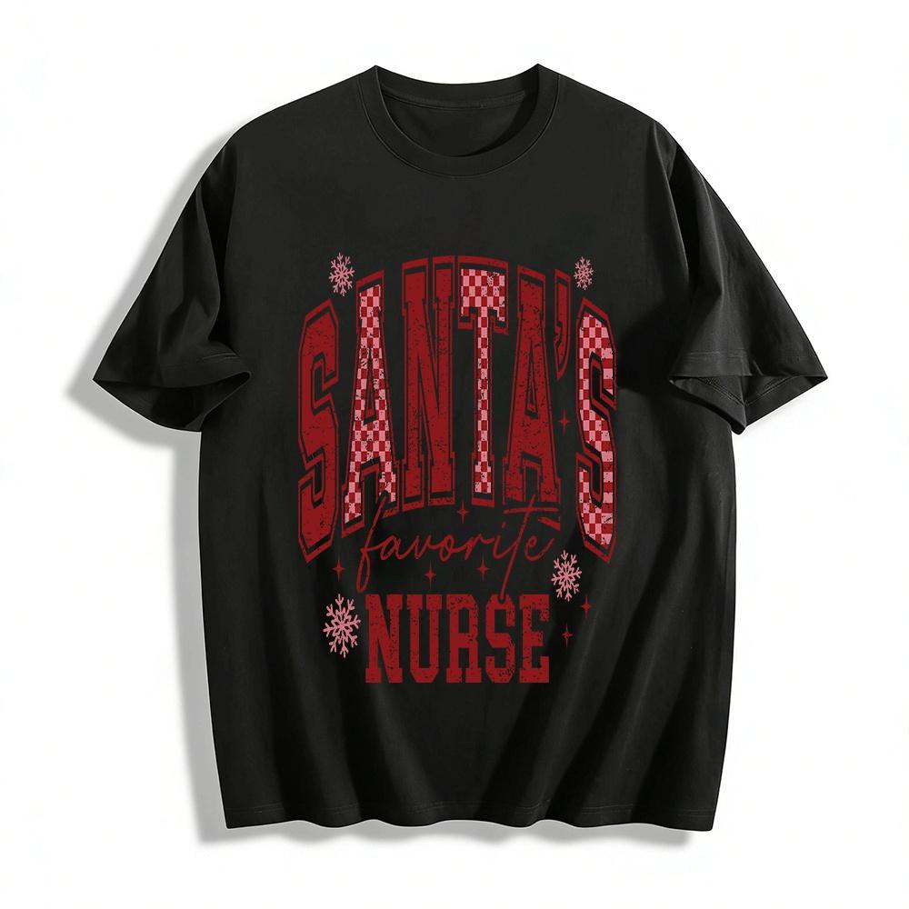 Santa s Favorite Nurse Retro Plaid Print Casual Christmas Top Pure cotton T-shirt XXS