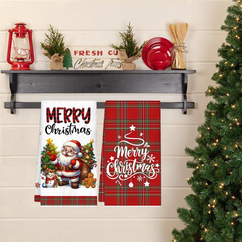 2pcs Christmas Kitchen Towels Buffalo Plaid Xmas Hand Towels Christmas Decorations for Home 2025 Navidad Noel Dish Towels Gifts
