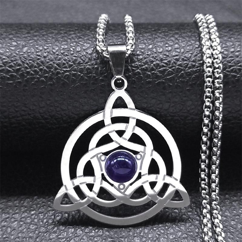 Celtic Trinity Knot Triquetra Necklace for Women Men Silver Color Stainless Steel Stone Witch Necklaces Jewelry Collar N8064S02