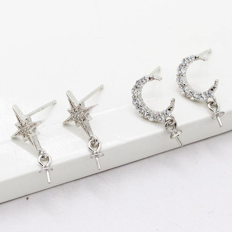 

S925 Sterling Silver Star and Moon Stud Earrings with Pearl & Amber Mounts Moon Stud