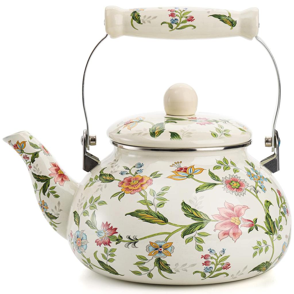2.5 Quart Vintage Enamel Tea Kettle Green Floral Enamel on Steel Teapot with Handle for Stovetop Home Afternoon Tea Set Kettle