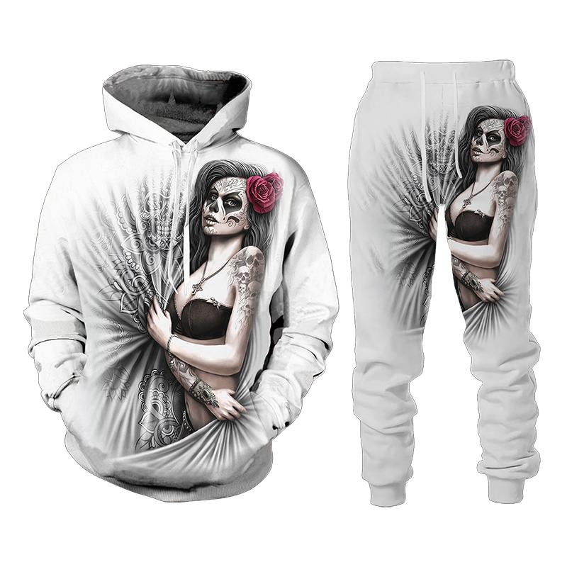 Vintage Gothic Skull Pattern 3D Print Men Tracksuit Sets Casual Hoodie+Pants 2pcs Sets Oversized Sweatshirt Trend Men Clothing