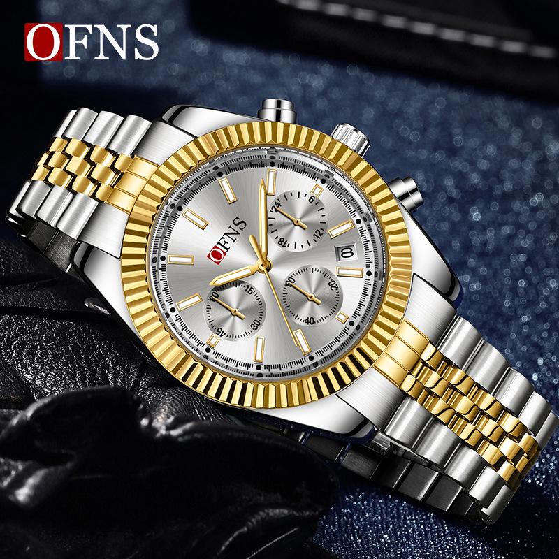 OFNS Men's Chronograph Quartz Watch: Luminous, Six-Hand, Calendar, Waterproof Business Strap
