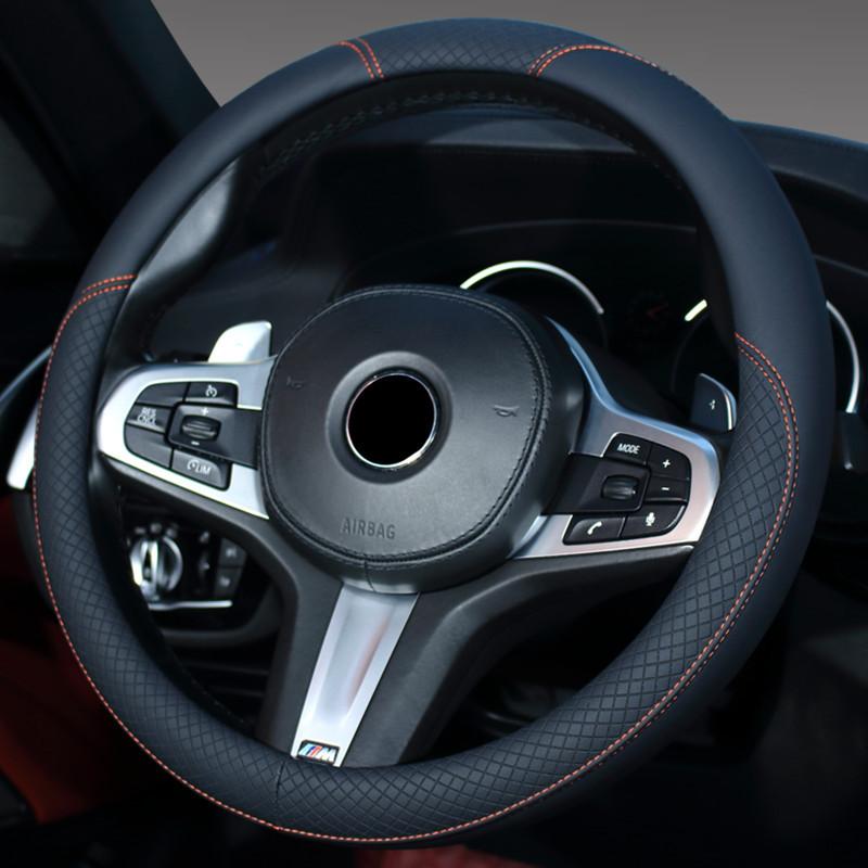 Universal Medium Size Leather Car Steering Wheel Cover with Handle Car Interior Decoration All Season Car Accessory