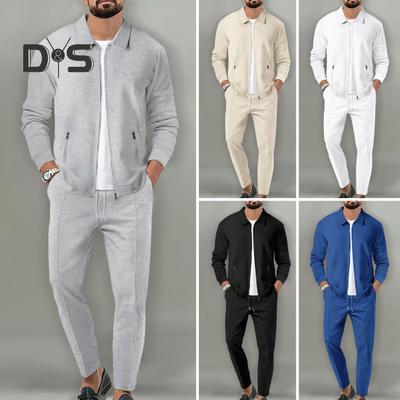 2 stuks/set heren herfstpak revers lange mouw rits sluiting vest elastische trekkoord taille lange broek set wafel textuur casual outfit