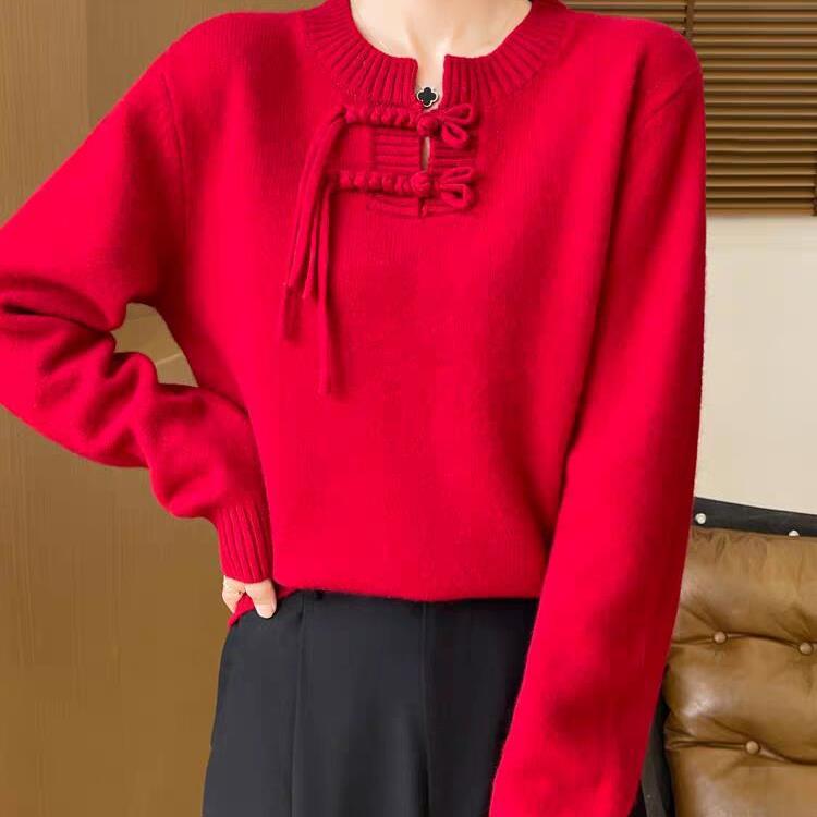 New Chinese Style Autumn and Winter New Women's Half-open Collar Loose Pullover Knitted Sweater Velvet