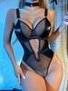 Role Play Lingerie Women's Sexy Mesh PU Leather Splicing See-through Slim Hanging Neck Free Temptation Erotic Open Anal Bodysuit