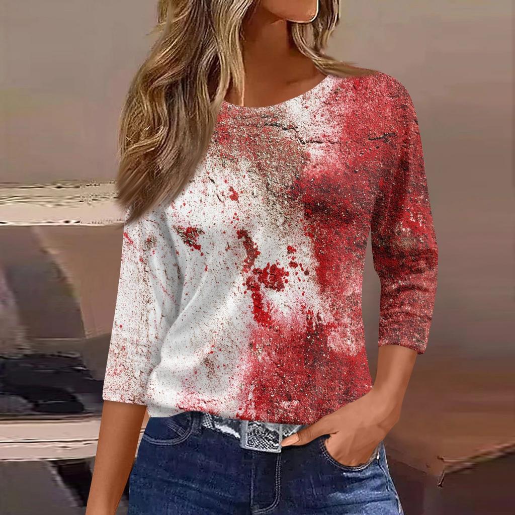 Dame Mote Casual Trekvartsermet Halloween Trykket Rund Hals Topp