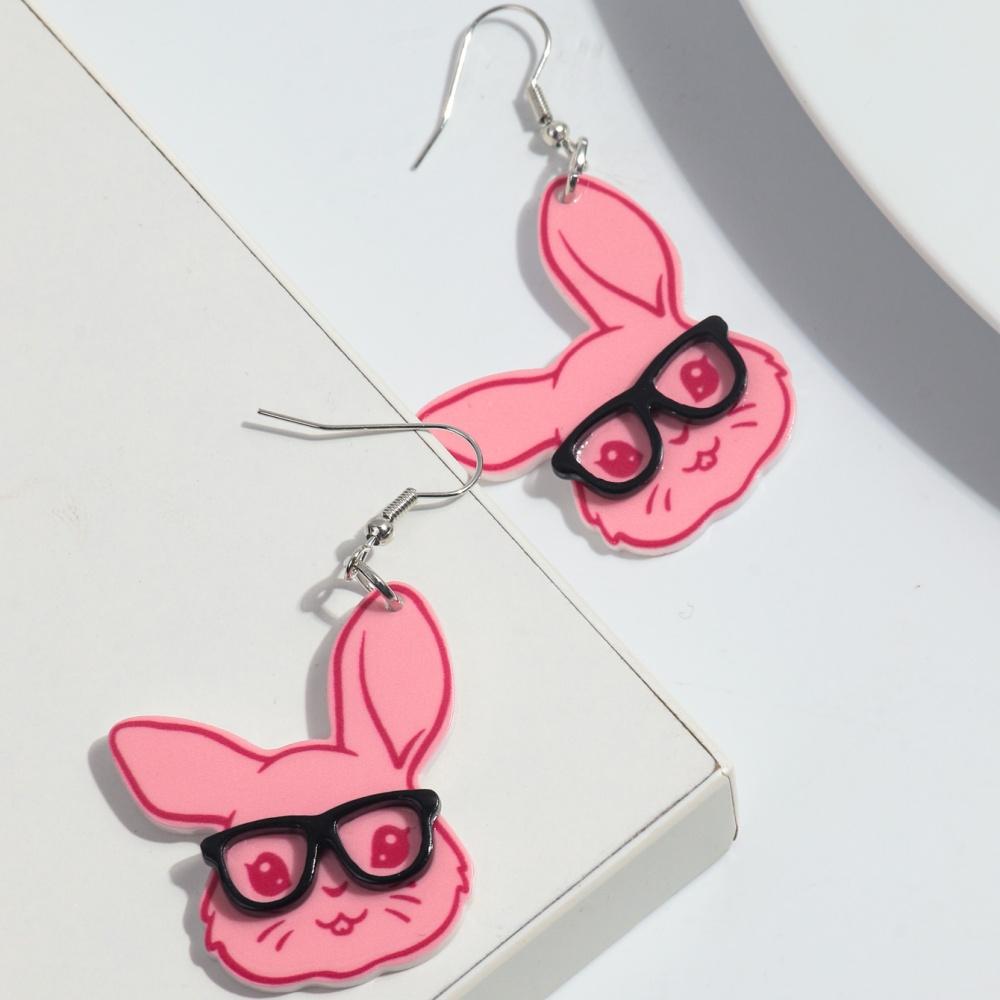 Lovely Easter Pink Glasses Rabbit Drop Earrings for Women Girls Cute Cartoon Bunny Animal Pendant Earring Trendy Jewelry Gifts