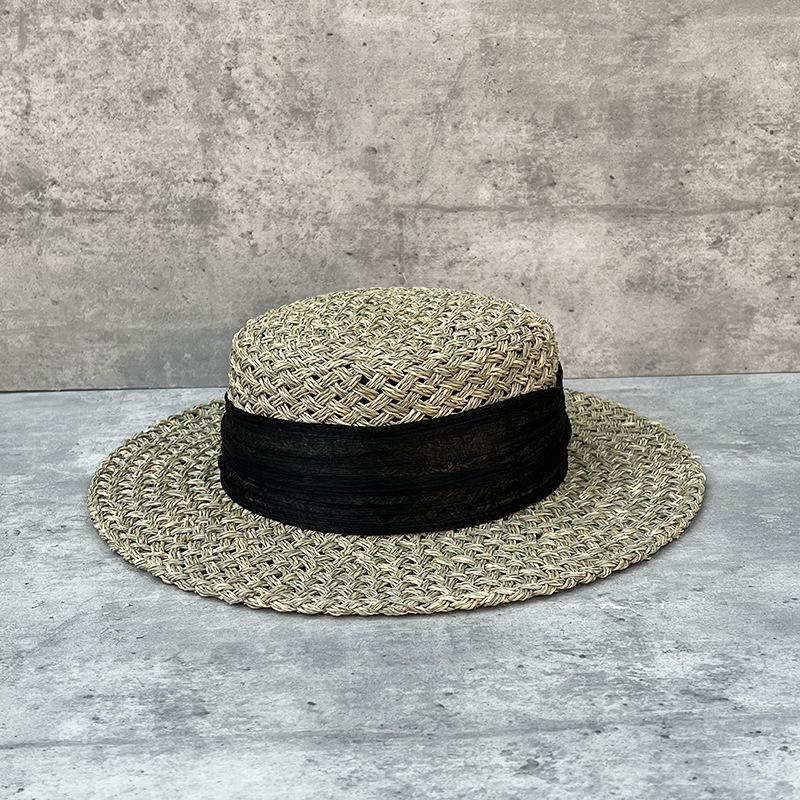 

Blogger With Silk And Linen Decoration French Seaside Vacation Straw Hat Women S Summer Salty Straw Woven Hollow Flat Top Sunshade Hat m (56-58cm) three-strand braid
