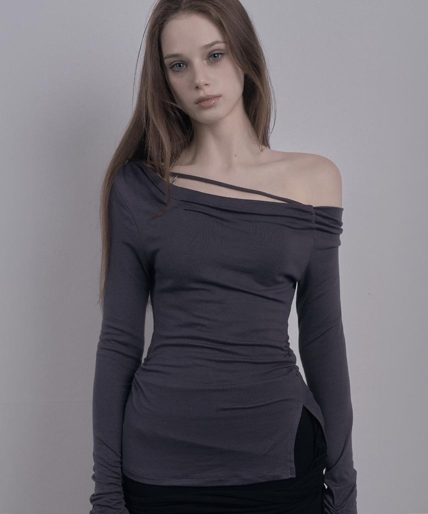 DAMIO Draped Strap Long Sleeve Top (Charcoal)