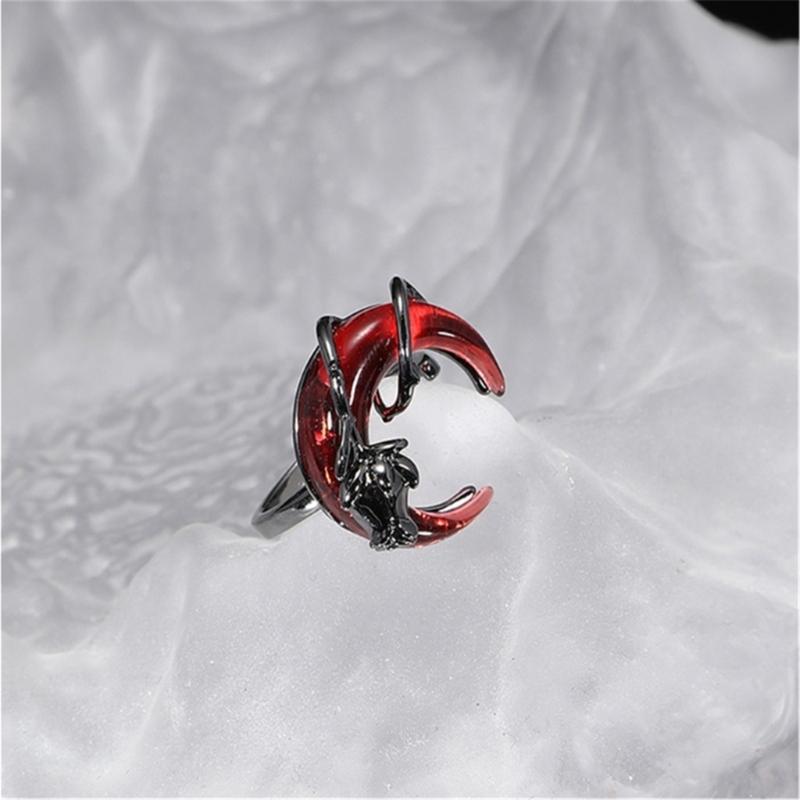 Offener Legierungsring Mysteriöser Halbmond und Rose Verstellbarer offener Fingerring Statement-Schmuck für Frauen Mädchen