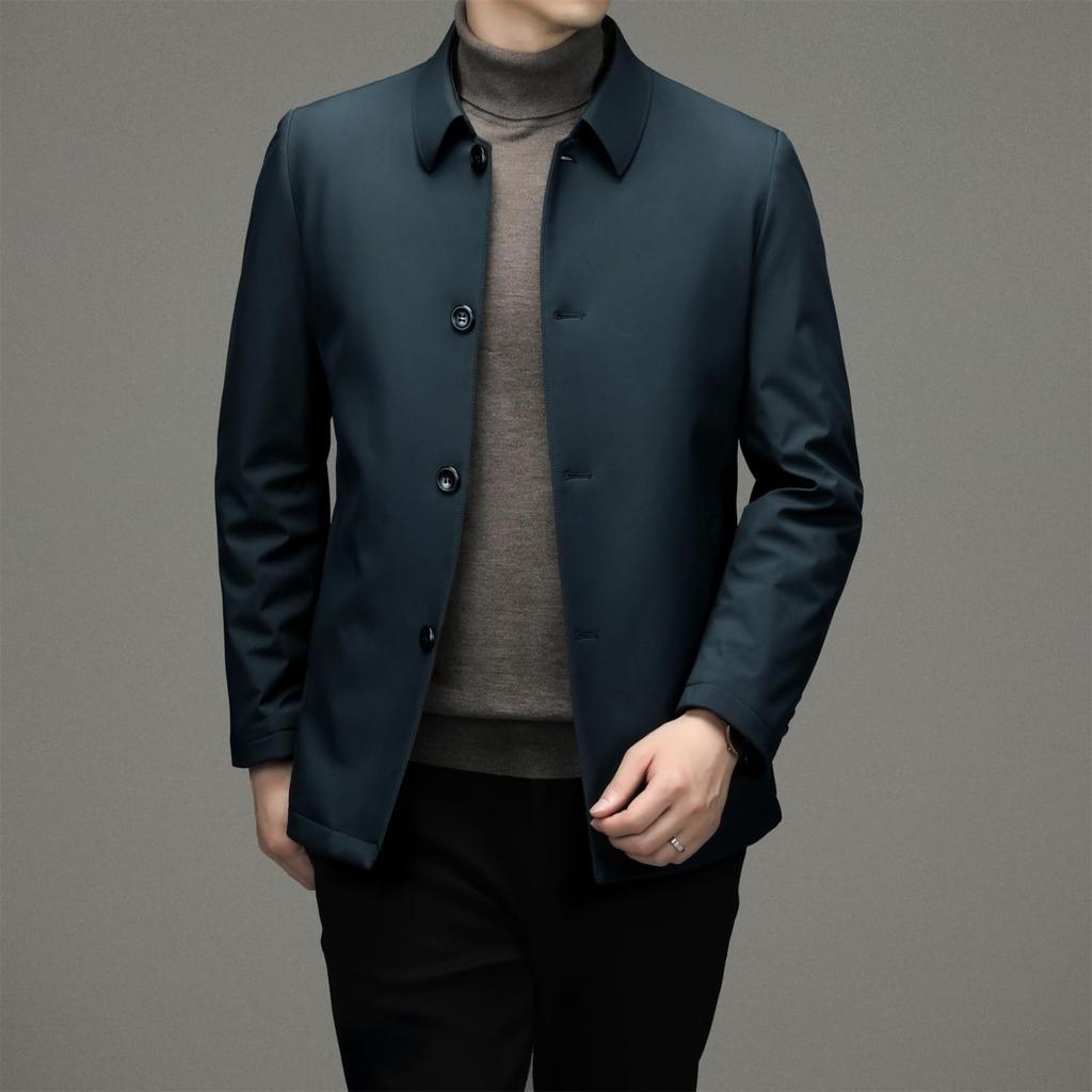 Collared Down Business Single Suitable for Senior [FJSSLHXK] Men's Jacket, Outerwear, Fold-Over Collar, Button, Men, Commuting, Autumn/Winter, Green,