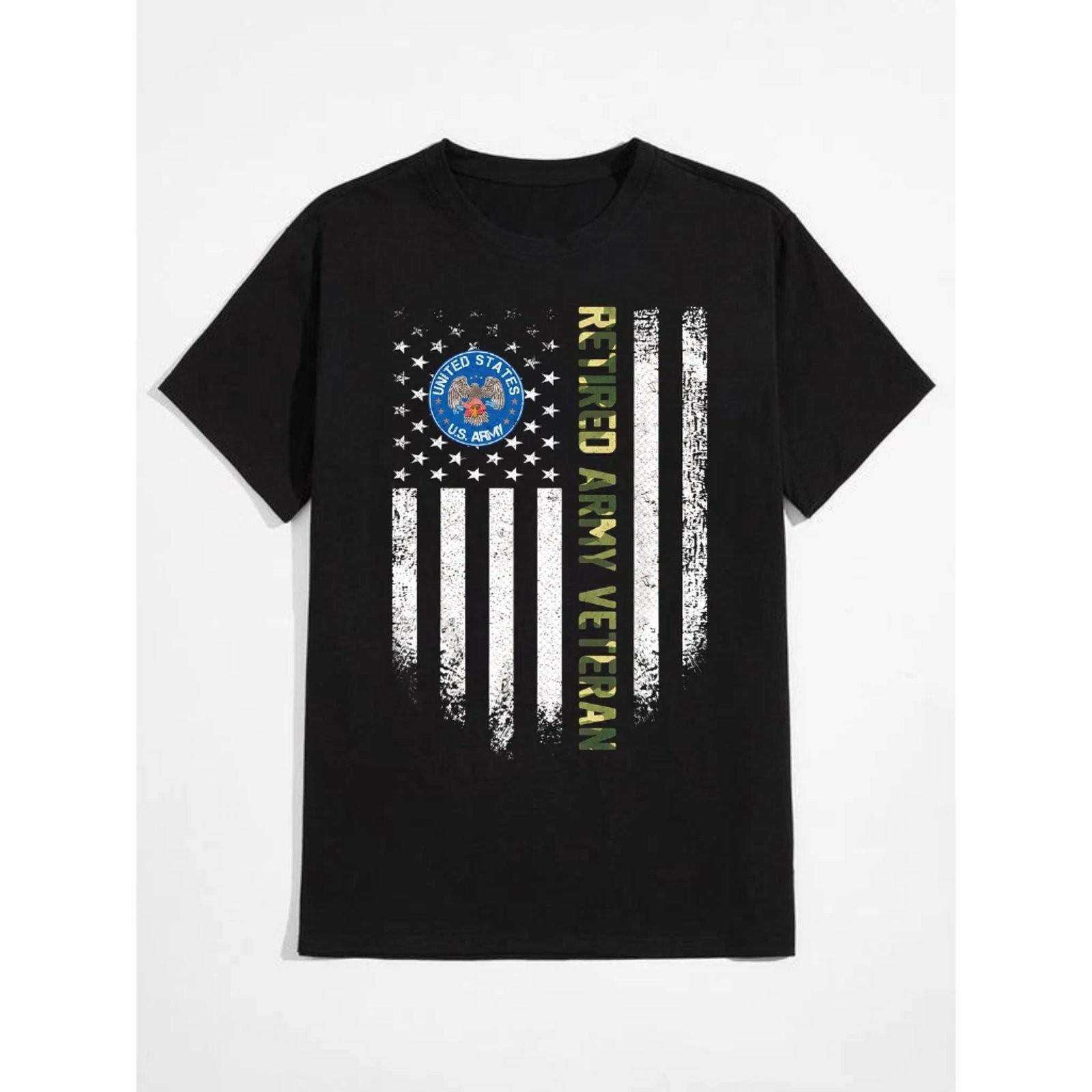 Veteran T-Shirt Mens Vintage USA Flag Retired Army Graphic Tee Cool Gift M