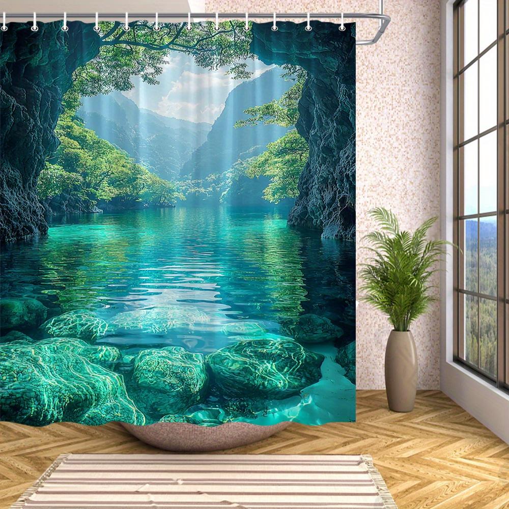 Tranquil Turquoise River & Green Canyon Shower Curtain, Polyester, Serene Nature Scene, Machine Washable, 12 Hooks