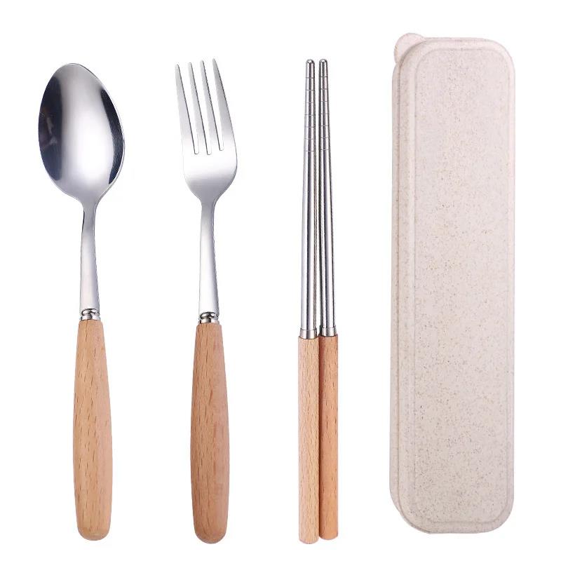 Wooden Handle Stainless Steel Tableware Three-Piece Set Chopsticks Fork Spoon Students Outdoor Travel Gift Tableware Set4