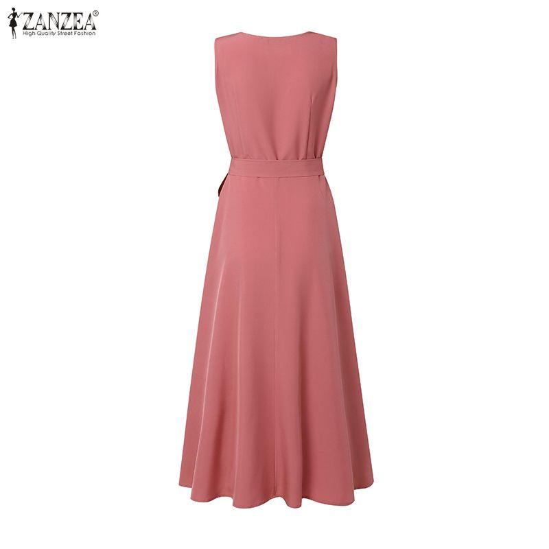 ZANZEA Women Elegant Casual V-Neck Solid Color Sleeveless Long Dress