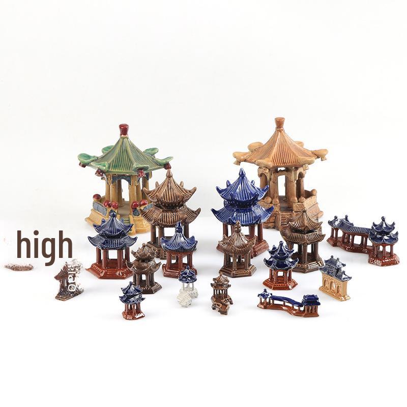 Akvárium Krajina Dekorace: Kamenná skalka absorbující vodu a ozdoba z keramického pavilonu na bonsai