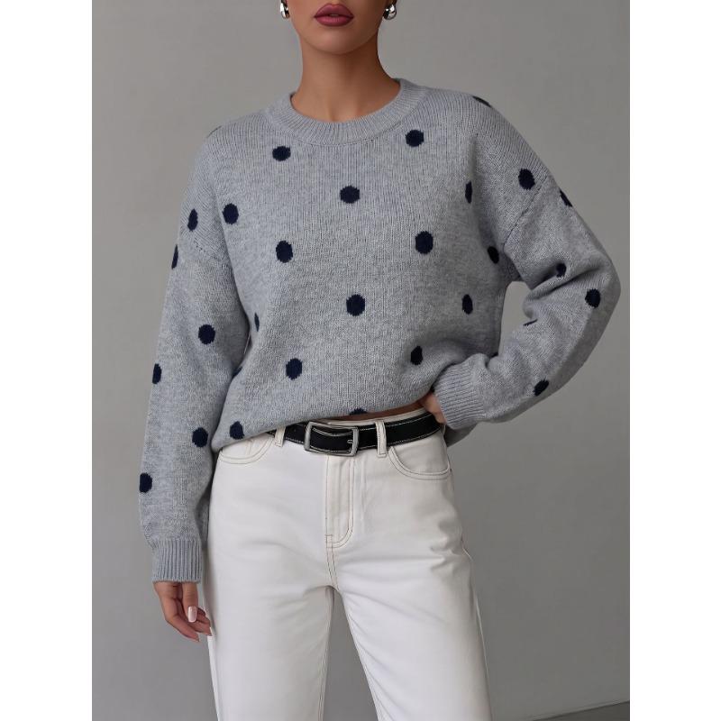 Women S Polka Dot Jacquard Knit Loose Long Sleeve Pullover Sweater