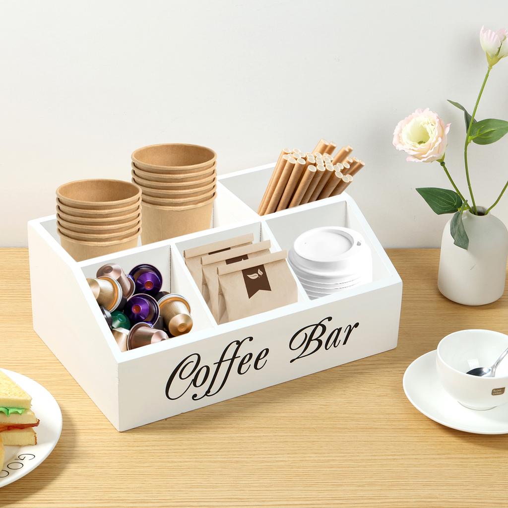 Wooden Coffee Rack Coffee Bar Organizer 5 Compartments Coffee Bar Accessories Vintage Coffee Storage Station Coffee Pods Holder
