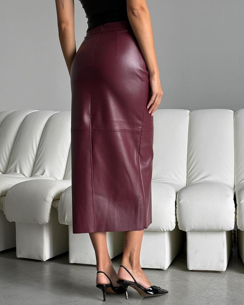 2024 Zimní dámská sukně midi bodycon z PU kůže s vysokým pasem a rozparkem