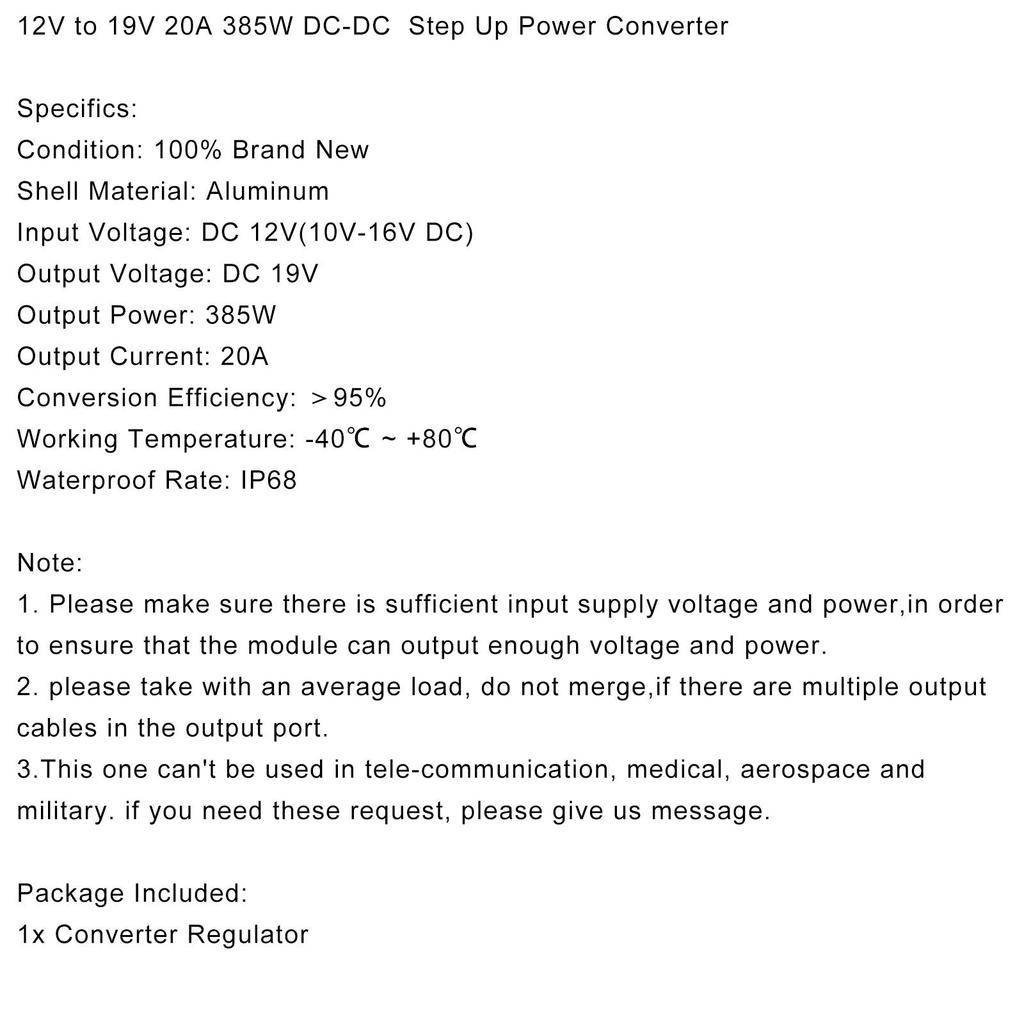 Areyourshop 12V to 19V 20A 385W DC-DC Boost Step Up Power Converter Voltage Regulator Module