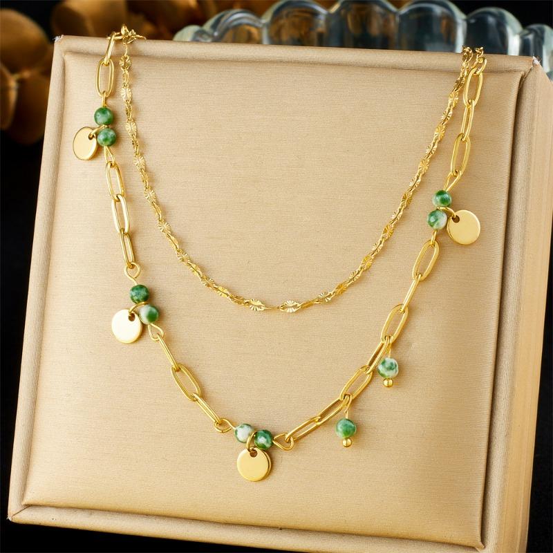 Gold Green Bead Disc Layered Necklace for Women