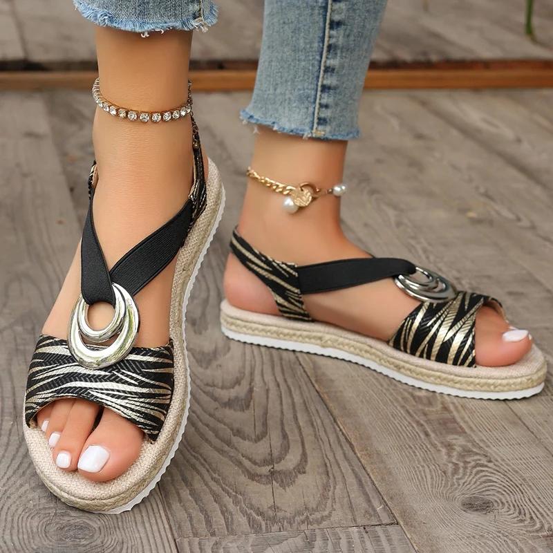 

Fashion Fashion Metal Decor Stripe Sandals Women Summer Beach Flat Med Heel Sandals Woman Plus Size Non Slip Platform Sandalias Mujer 43 чёрный