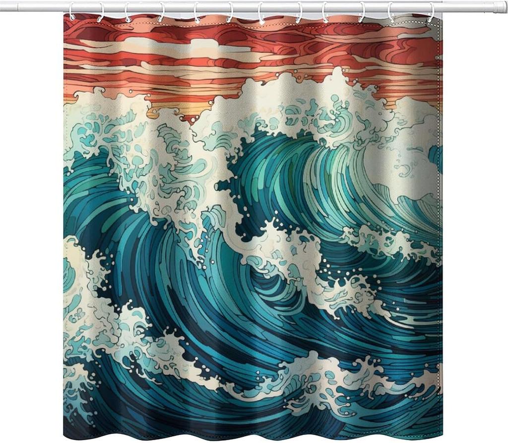 Japanese Wave Art Shower Curtain, Retro Monochrome Abstract Wave Decorative Bathroom Curtain, Asian Style Ocean Theme