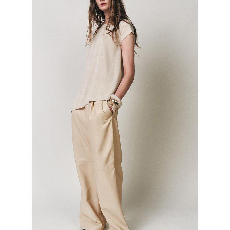 Summer New Product Women's Clothes Rib Trim round Neck Short Sleeve Asymmetric Hem Knitting Tops 1509003