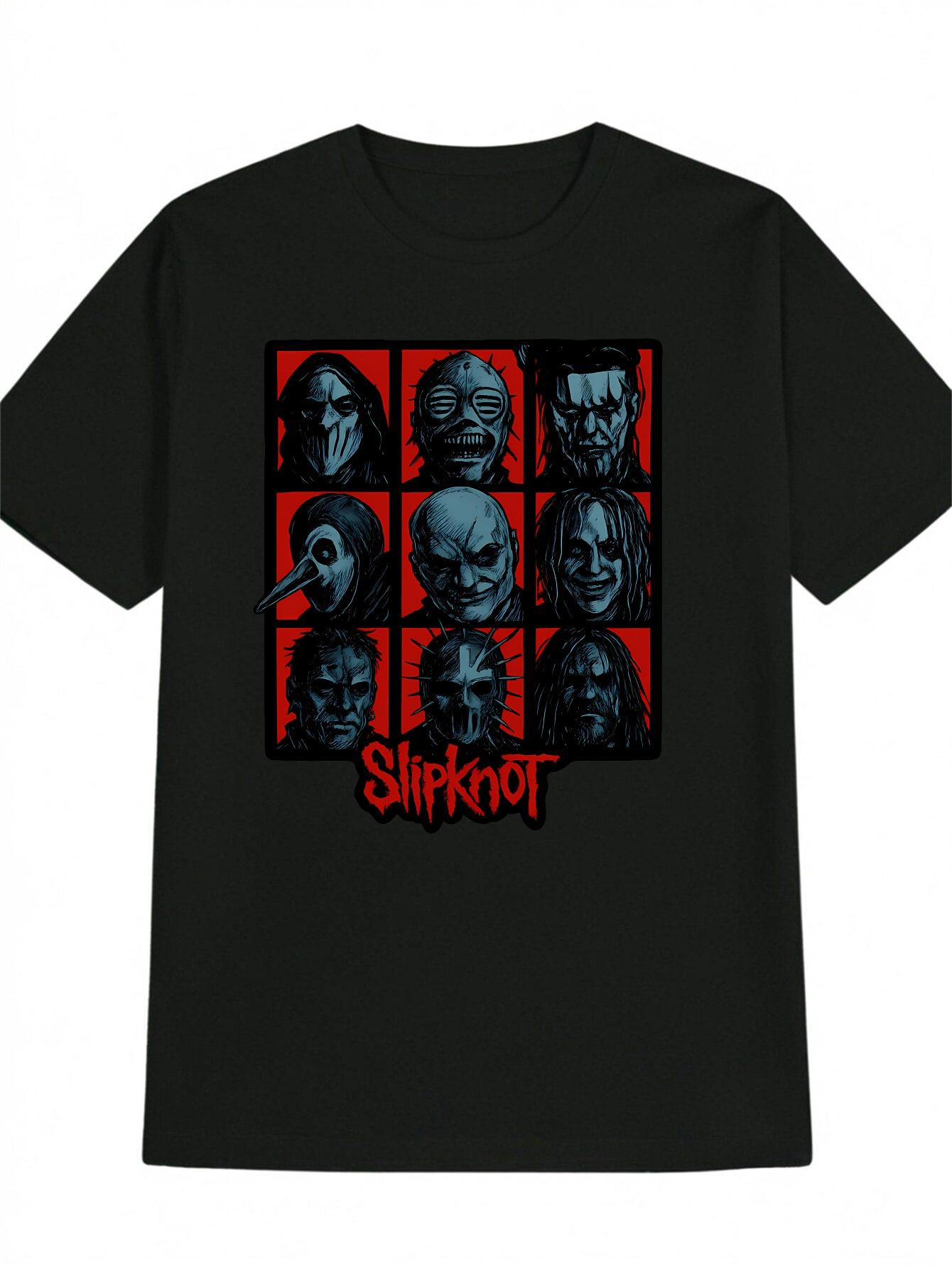 Casual Round Neck T-shirt with Nine Character Portraits on Red Background Print M