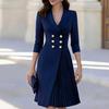 Women's Double-Breasted Dress with Three-Quarter Sleeves and Asymmetrical Pleated Midi Skirt