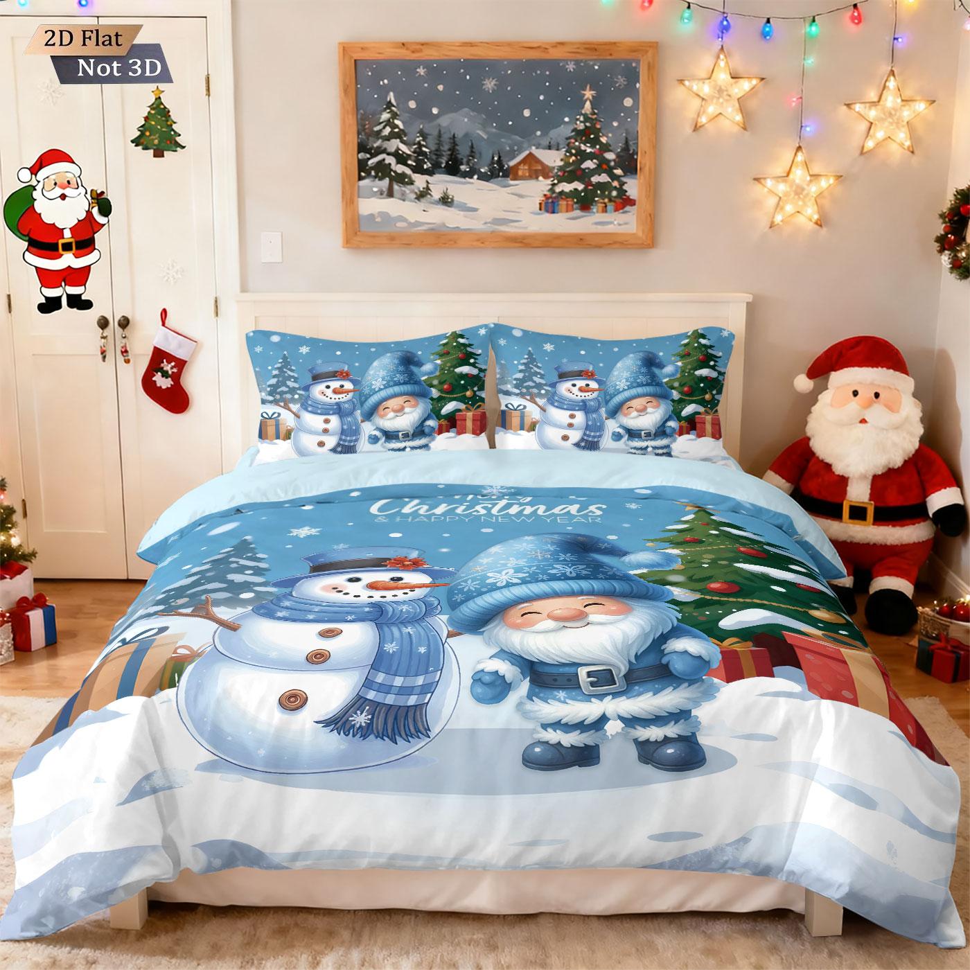 

3Pcs Christmas Cartoon Snowman Goblin Print Coreless Duvet Cover Set, Multi Size Bedroom Dormitory Bedding, Holiday Decoration 135x200cm-EU-Single&set