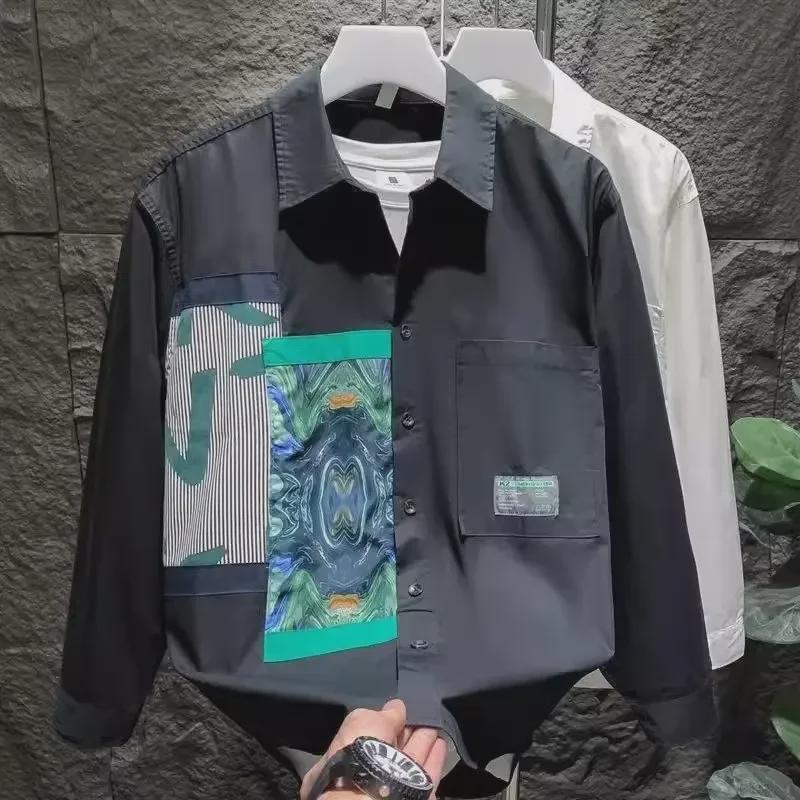 Men's Fashionable Long-Sleeve Spring/Autumn Shirt - Trendy Color-Blocked Top, Youthful Loose-Fit Jacket