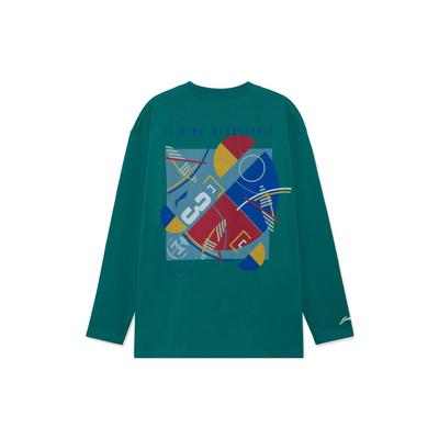 Li Ning Geometric Pattern Printed Crew Neck Pullover Long Sleeve T-Shirt Men Tops Cadmium-Green ATLR113-2