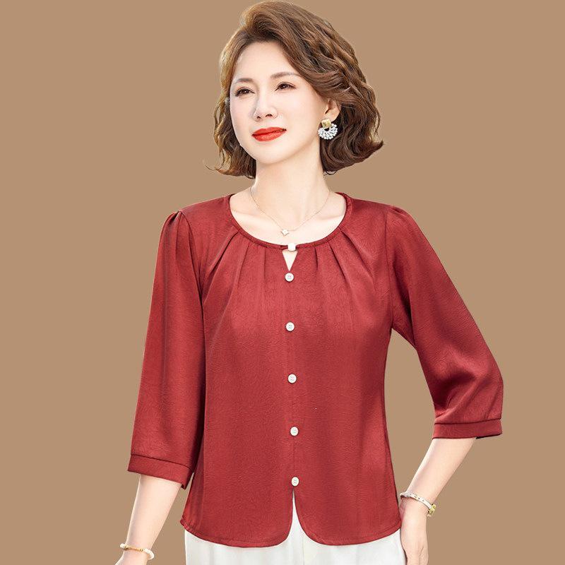 

2026 Stylish Chiffon Top: Women s Summer Blouse with Seven-Point Sleeves for Middle-Aged & Elderly Moms 6XL (approx. 160-170 jin)