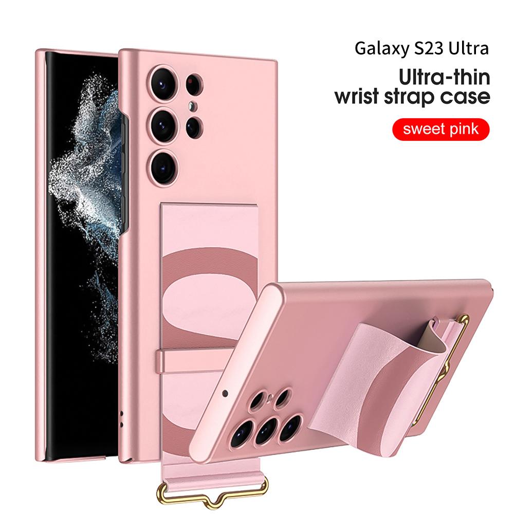 For Samsung Galaxy S23 Ultra S23 Plus Case Leather Wrist Strap Holder Cover Matte Plastic Protection For Galaxy S23 Ultra Cover