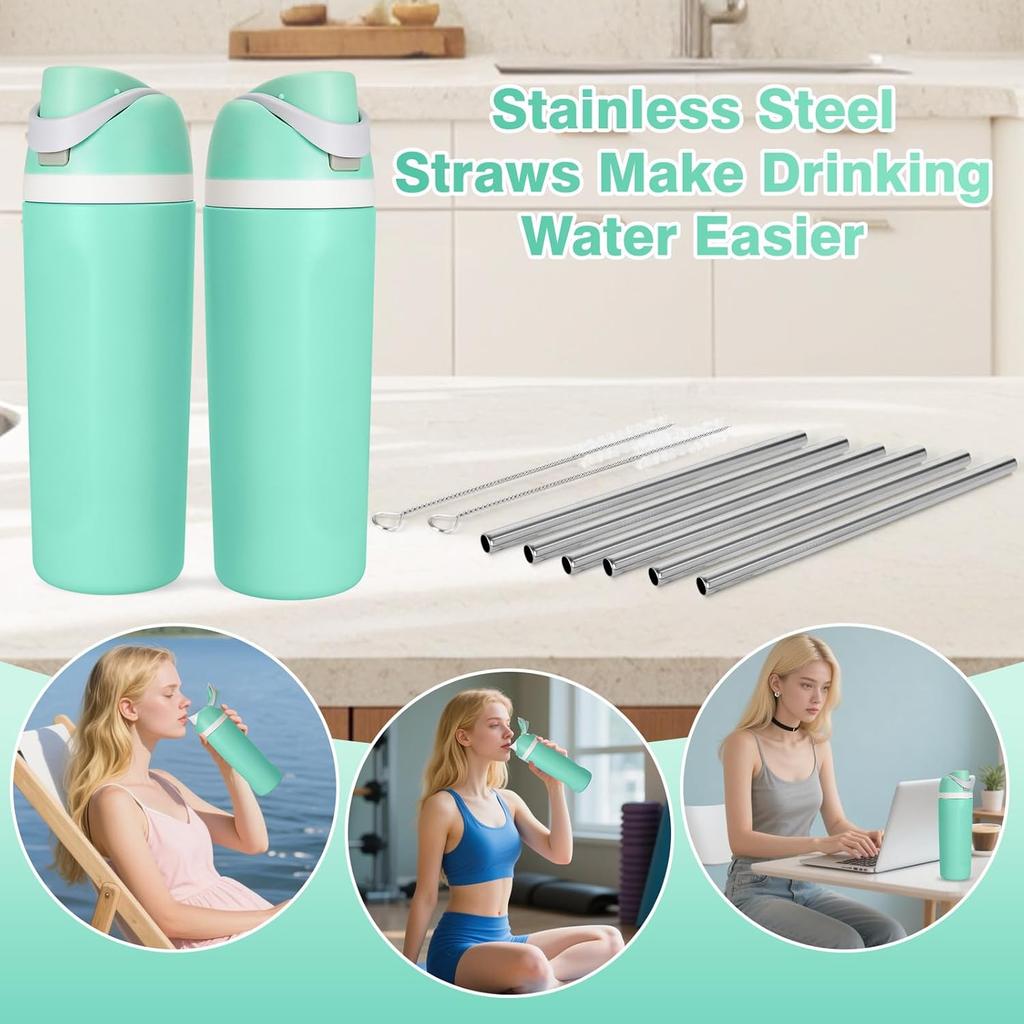 6 PCS Metal Straw Replacement for Owala Freesip 16oz Kids Water Bottle, Reble Stainless Steel Straws with 2 Cleaning Brushes, BPA-free Dishwasher