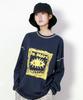 Deumakeu Oversized Stitch Contrast Logo Graffiti Long Sleeve T-Shirt Navy
