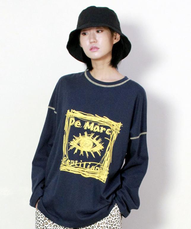 Deumakeu Oversized Stitch Contrast Logo Graffiti Long Sleeve T-Shirt Navy